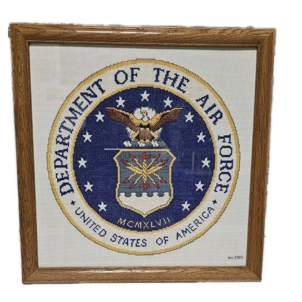 Department of the Air Force Cross Stitch Framed Eagle Seal USA Military Decor